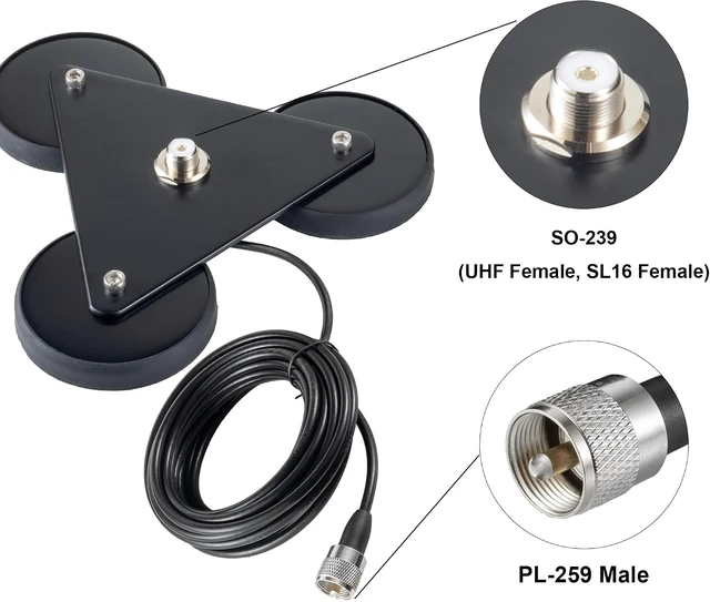 Alt view image 3 of 7 - Heavy Duty 8.8inch Triangle Super Strong Magnetic Base Mount SO-239 Connector with 16.4FT Cable PL-259 Plug for Car Bus Mobile CB Ham Base Station Radio Truck Marine UHF VHF Radio Antenna,