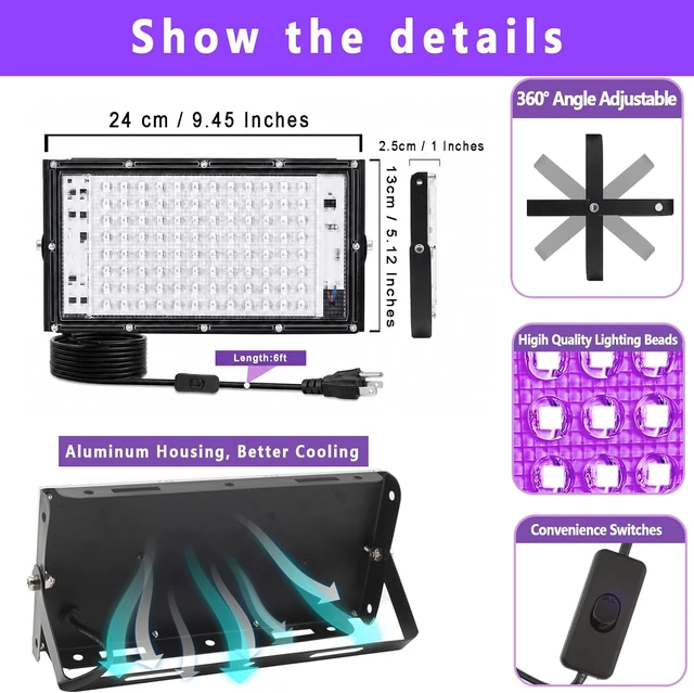 Alt view image 3 of 7 - 96 LEDs UV Exposure Unit for Screen Printing, 395nm UV Exposure Light for Photo Emulsion, Cyanotype and Resin, Adjustable Stand, Aluminum Housing, Grounded 3-Prong Plug