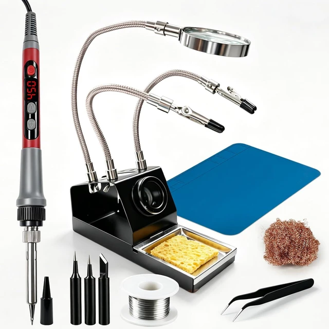 Main image of Soldering Iron Kit, Fast Heating 100W Solder Iron Station with LCD Display, Magnifying Glass Helping Hands, 3 Tips, Tip Sleeve, Solder Wire, Tweezers, Brass Ball, Sponge,11.8x7.9 Silicone Mat