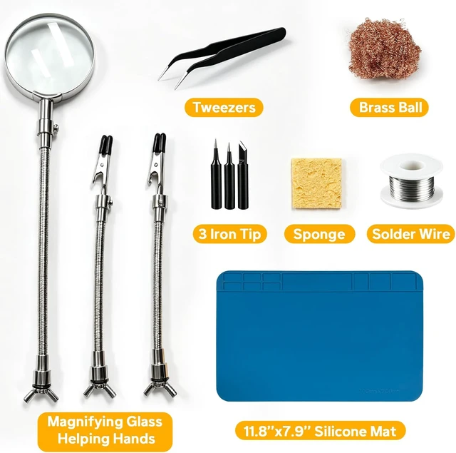 Alt view image 7 of 7 - Soldering Iron Kit, Fast Heating 100W Solder Iron Station with LCD Display, Magnifying Glass Helping Hands, 3 Tips, Tip Sleeve, Solder Wire, Tweezers, Brass Ball, Sponge,11.8x7.9 Silicone Mat