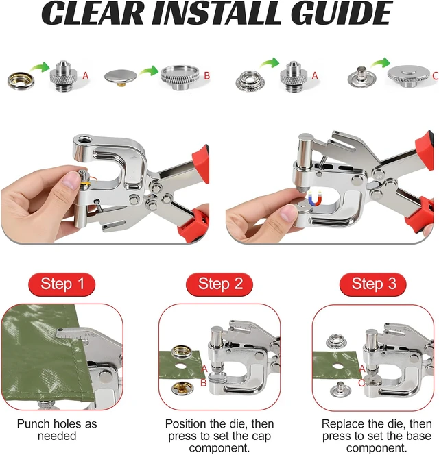 Alt view image 5 of 6 - Snap Fastener Tool Kit Heavy Duty Snap Pliers with Built-in Punching for Canvas, Leather, Fabric Includes 60 Sets 15mm Metal Snaps, 40 Sets Screw Snaps for Boat Cover, Tarp, Tent, Clothing