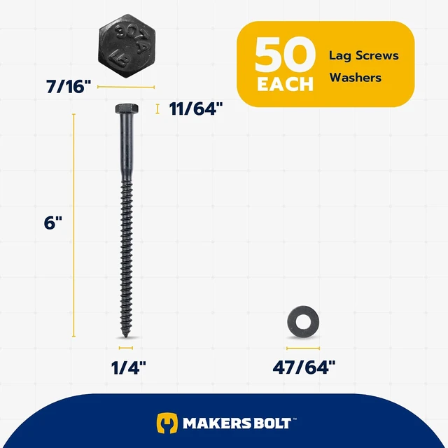 Alt view image 2 of 7 - 1/4 x 6 (50 Pack) Lag Screw Kit, 50 Screws and 50 Washers, Ceramic Black Ruspert Coating for Exterior Use, Meets ASTM A307 and ASME B18.2.1, Industrial/Commerical Grade by