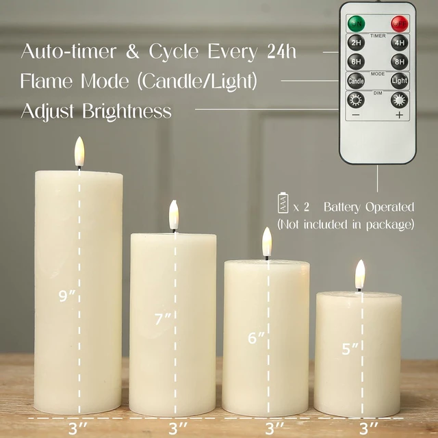 Alt view image 3 of 7 - Flameless Candles, 4 Pack Battery Operated Candles with Remote, Real Wax LED Fake Candles with Timer Flickering for Christmas Wedding Home Party D3 H 5" 6" 7" 9" Ivory