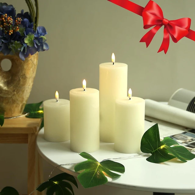 Alt view image 6 of 7 - Flameless Candles, 4 Pack Battery Operated Candles with Remote, Real Wax LED Fake Candles with Timer Flickering for Christmas Wedding Home Party D3 H 5" 6" 7" 9" Ivory