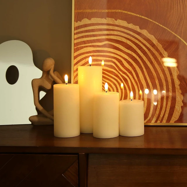 Alt view image 7 of 7 - Flameless Candles, 4 Pack Battery Operated Candles with Remote, Real Wax LED Fake Candles with Timer Flickering for Christmas Wedding Home Party D3 H 5" 6" 7" 9" Ivory
