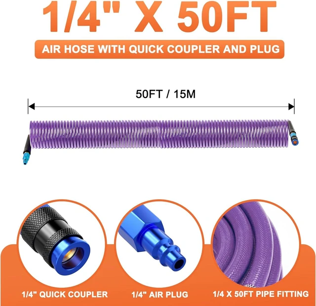 Alt view image 2 of 7 - 1/4" x 50FT Polyurethane Recoil Air Hose with AMT Universal Coupler, Purple