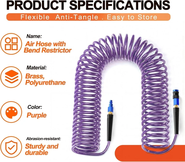 Alt view image 3 of 7 - 1/4" x 50FT Polyurethane Recoil Air Hose with AMT Universal Coupler, Purple