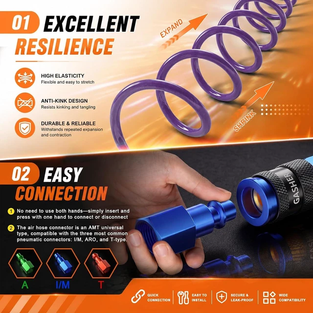 Alt view image 5 of 7 - 1/4" x 50FT Polyurethane Recoil Air Hose with AMT Universal Coupler, Purple