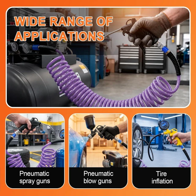 Alt view image 7 of 7 - 1/4" x 50FT Polyurethane Recoil Air Hose with AMT Universal Coupler, Purple