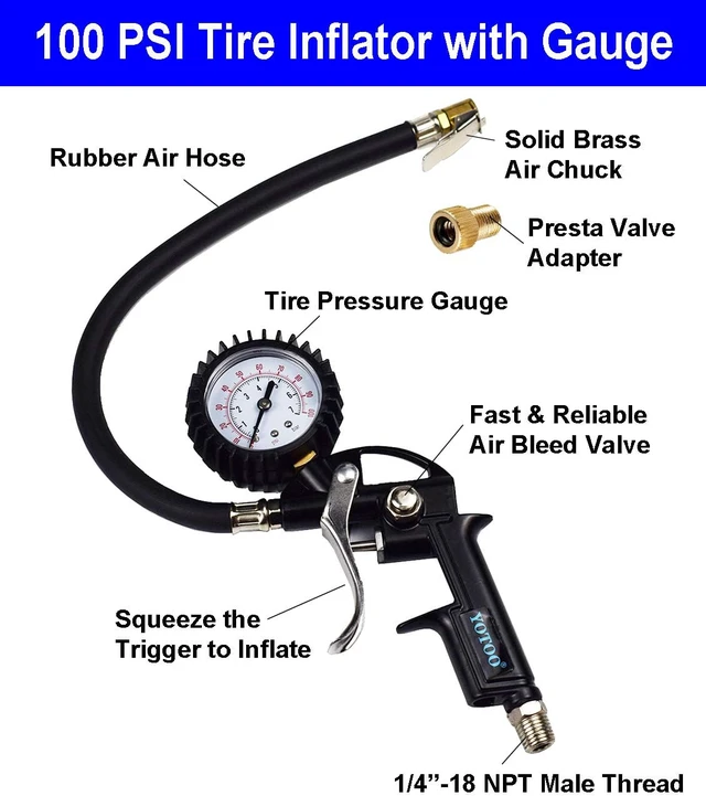 Alt view image 2 of 6 - 20-Piece Heavy Duty Air Compressor Accessory Kit 1/4" x 25ft Polyurethane Hose, 100 PSI Tire Inflator Gauge, Air Blow Gun & Hose Fittings