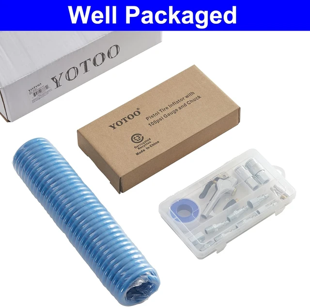 Alt view image 6 of 6 - 20-Piece Heavy Duty Air Compressor Accessory Kit 1/4" x 25ft Polyurethane Hose, 100 PSI Tire Inflator Gauge, Air Blow Gun & Hose Fittings