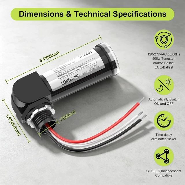 Alt view image 4 of 7 - 4-Pack, Dusk to Dawn/Day Night Sensor, Photoelectric Switch, Photo Cell Sensor, 110V/120V/220V/240V Input, UL Listed, IP65 Water-Resistant Photocell for Outdoor Light