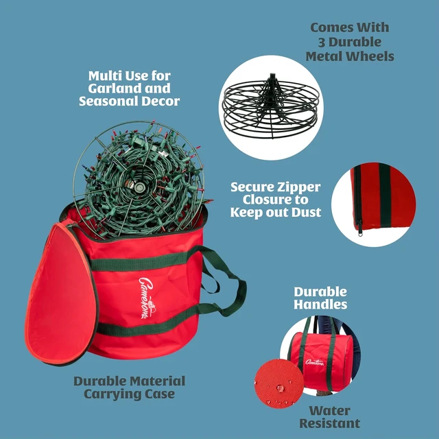 Alt view image 2 of 7 - Christmas Light Storage Reel 3 Pack w Zippered Carrying Bag Case- 12" XL Heavy Duty Metal Construction for Xmas Holiday Tree Lights, Wind up Extension Cords, Garland- Holiday Decoration Organizer