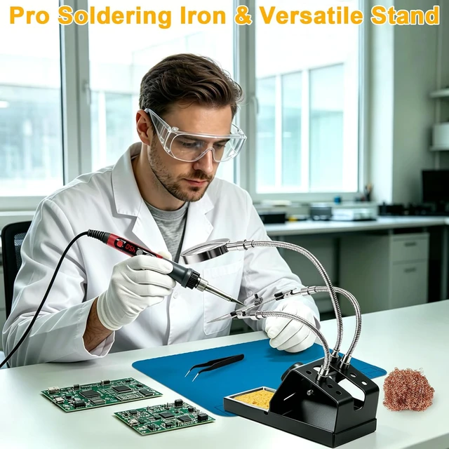 Alt view image 2 of 7 - Soldering Iron Kit, Fast Heating 100W Solder Iron Station with LCD Display, Magnifying Glass Helping Hands, 3 Tips, Tip Sleeve, Solder Wire, Tweezers, Brass Ball, Sponge,11.8x7.9 Silicone Mat