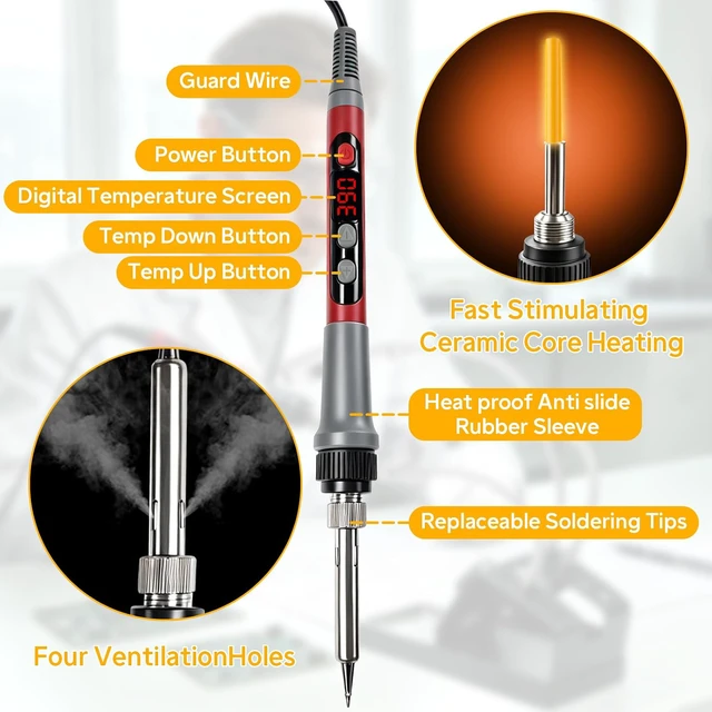 Alt view image 3 of 7 - Soldering Iron Kit, Fast Heating 100W Solder Iron Station with LCD Display, Magnifying Glass Helping Hands, 3 Tips, Tip Sleeve, Solder Wire, Tweezers, Brass Ball, Sponge,11.8x7.9 Silicone Mat