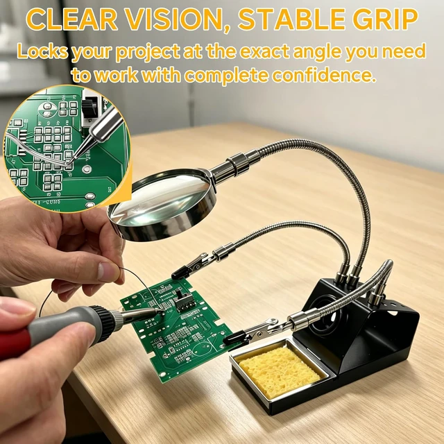 Alt view image 4 of 7 - Soldering Iron Kit, Fast Heating 100W Solder Iron Station with LCD Display, Magnifying Glass Helping Hands, 3 Tips, Tip Sleeve, Solder Wire, Tweezers, Brass Ball, Sponge,11.8x7.9 Silicone Mat