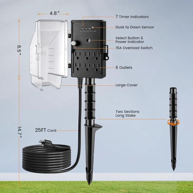 Alt view image 7 of 7 - Outdoor Power Stake Waterproof Dusk to Dawn Light Timer, 25FT