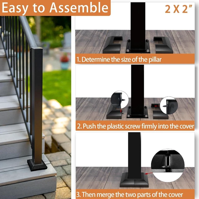 Alt view image 7 of 7 - 4 Pack 2X2IN Aluminum Split Deck Post Base Cover, Solid Fence Trim Skirt, Post Foot Protection Replacement for Porch Stairs Outdoor Decor Railing (4.7x4.7IN Outer Size) Matte Black