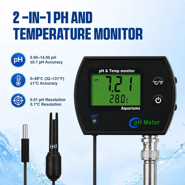 Alt view image 2 of 7 - 2 in 1 Temperature & pH Meter, High-Precision pH Tester, PH Monitor with Replaceable BNC Probe, 0.00~14.00pH Measurement Range, ATC, Backlit Display and °C/°F for Fish Tank, Hydroponics & Pools
