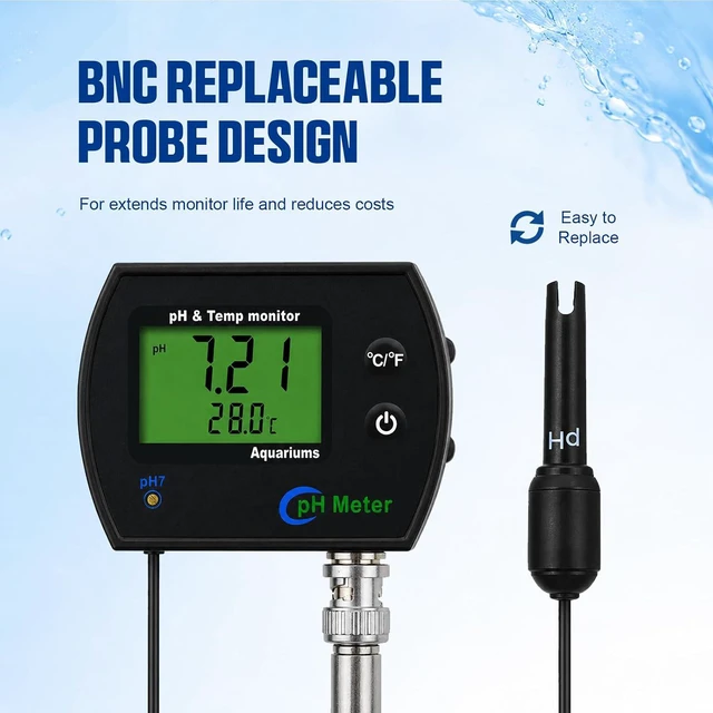 Alt view image 5 of 7 - 2 in 1 Temperature & pH Meter, High-Precision pH Tester, PH Monitor with Replaceable BNC Probe, 0.00~14.00pH Measurement Range, ATC, Backlit Display and °C/°F for Fish Tank, Hydroponics & Pools