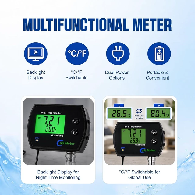 Alt view image 6 of 7 - 2 in 1 Temperature & pH Meter, High-Precision pH Tester, PH Monitor with Replaceable BNC Probe, 0.00~14.00pH Measurement Range, ATC, Backlit Display and °C/°F for Fish Tank, Hydroponics & Pools