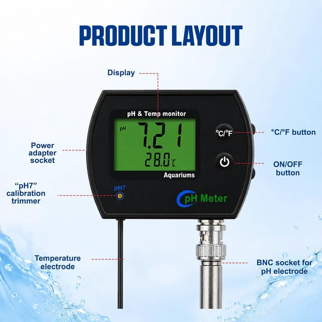 Alt view image 7 of 7 - 2 in 1 Temperature & pH Meter, High-Precision pH Tester, PH Monitor with Replaceable BNC Probe, 0.00~14.00pH Measurement Range, ATC, Backlit Display and °C/°F for Fish Tank, Hydroponics & Pools
