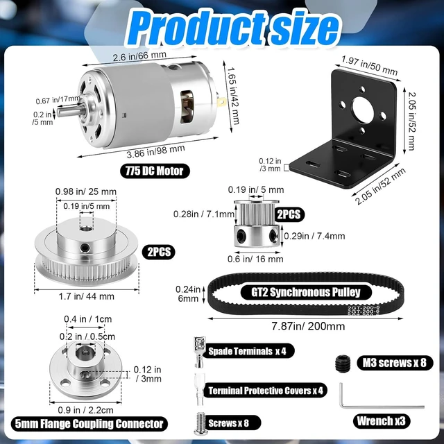 Alt view image 2 of 7 - 8 Pack 775 DC Motor Kit, 12V-24V with GT2 Pulleys