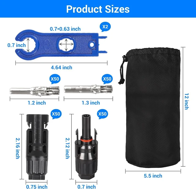 Alt view image 7 of 7 - 50 Pairs Solar Panel Connector Kit IP68 Waterproof Solar Connectors MC4 Connectors 1000V 30A Solar Cable Connectors with A Durable Nylon Bag