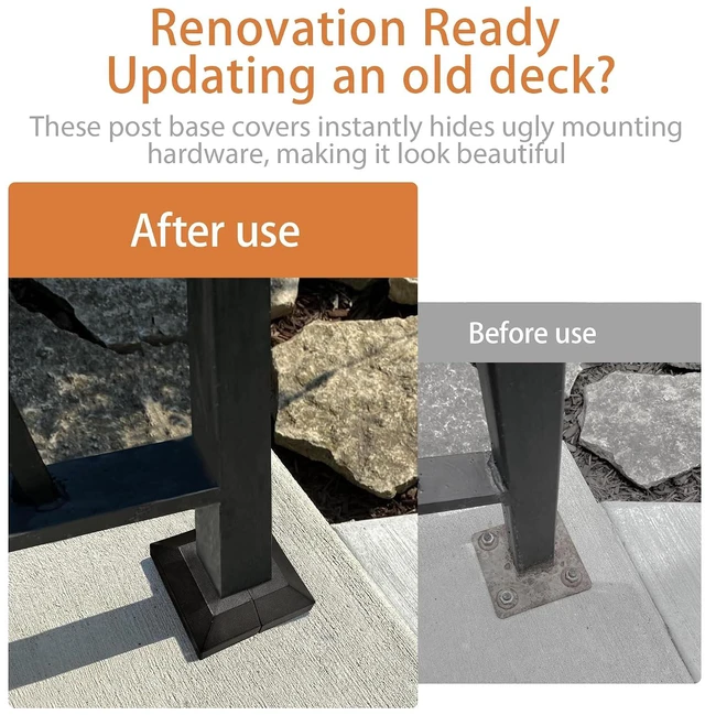 Alt view image 4 of 7 - 4 Pack 2X2IN Aluminum Split Deck Post Base Cover, Solid Fence Trim Skirt, Post Foot Protection Replacement for Porch Stairs Outdoor Decor Railing (4.7x4.7IN Outer Size) Matte Black