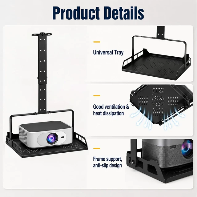 Alt view image 6 of 7 - Ceiling Projector Mount Shelf Adjustable Ceiling Mount Tray Stand