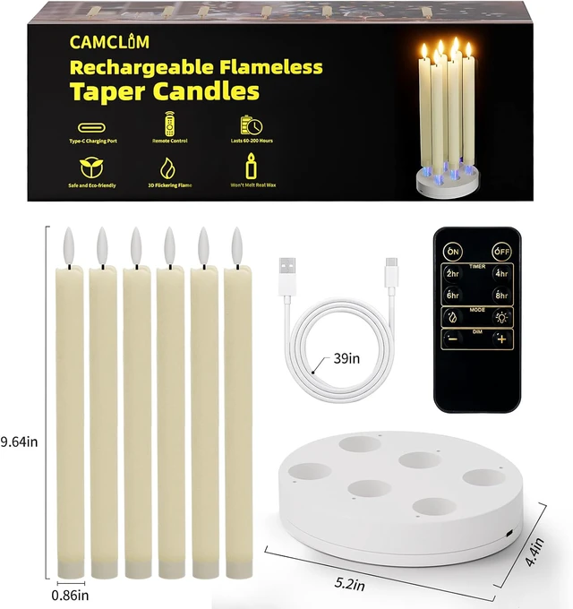 Alt view image 7 of 7 - Rechargeable Flameless Taper Candles with Charging Station Real Wax 6Pcs