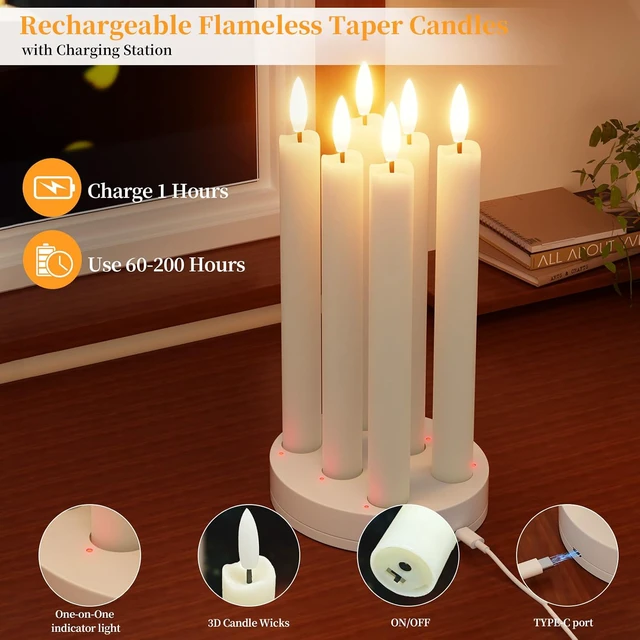 Alt view image 5 of 7 - Rechargeable Flameless Taper Candles with Charging Station Real Wax 6Pcs