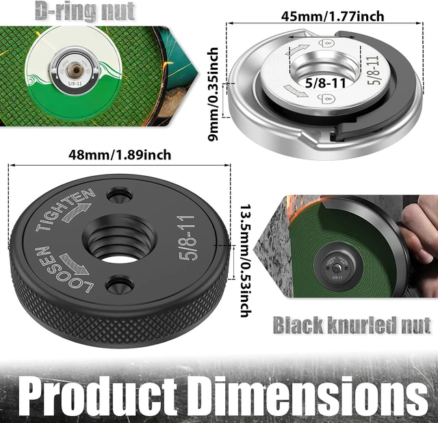 Alt view image 2 of 7 - 6 Pack 5/8"-11 Angle Grinder Flange Nuts No Wrench Quick Release Locking Kit D-Ring & Knurled Arbor Nut for Cutting & Grinding Discs Heavy Duty Self-Locking for 4-1/2" 5" 7" 9" Grinders