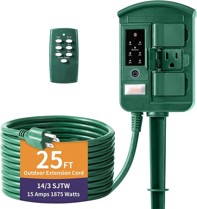 Main image of Outdoor Power Stake Timer for Christmas Light Decorations Waterproof, Dusk to Dawn, Outdoor Power Strip with 6 Outlets, 1875W/15A, 100FT Wireless Remote Control, 25FT Extension Cord, Heavy Duty