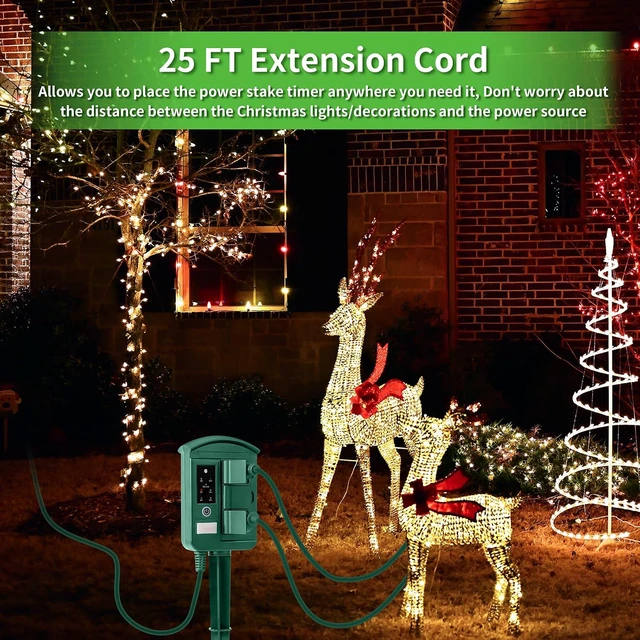 Alt view image 2 of 7 - Outdoor Power Stake Timer for Christmas Light Decorations Waterproof, Dusk to Dawn, Outdoor Power Strip with 6 Outlets, 1875W/15A, 100FT Wireless Remote Control, 25FT Extension Cord, Heavy Duty