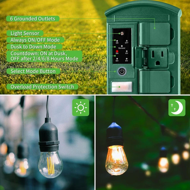 Alt view image 3 of 7 - Outdoor Power Stake Timer for Christmas Light Decorations Waterproof, Dusk to Dawn, Outdoor Power Strip with 6 Outlets, 1875W/15A, 100FT Wireless Remote Control, 25FT Extension Cord, Heavy Duty