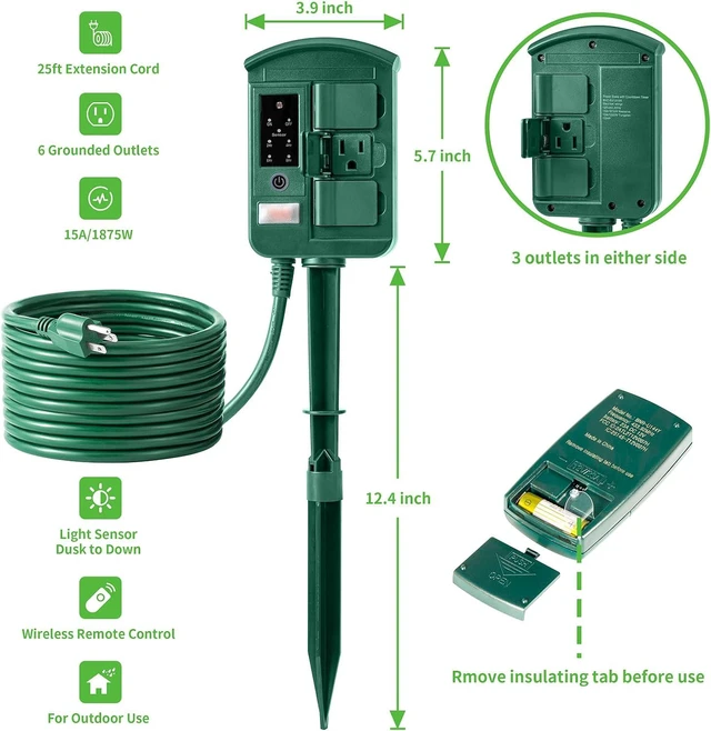 Alt view image 5 of 7 - Outdoor Power Stake Timer for Christmas Light Decorations Waterproof, Dusk to Dawn, Outdoor Power Strip with 6 Outlets, 1875W/15A, 100FT Wireless Remote Control, 25FT Extension Cord, Heavy Duty