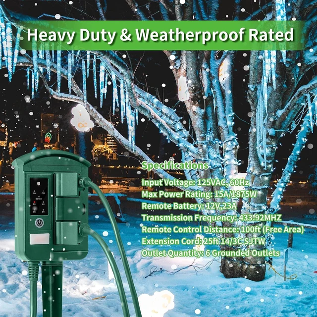 Alt view image 6 of 7 - Outdoor Power Stake Timer for Christmas Light Decorations Waterproof, Dusk to Dawn, Outdoor Power Strip with 6 Outlets, 1875W/15A, 100FT Wireless Remote Control, 25FT Extension Cord, Heavy Duty