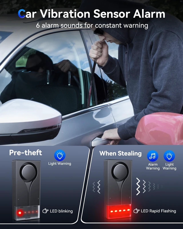 Alt view image 4 of 7 - 108dB Car Alarm System, Car Anti-Theft Vibration Sensor Alarm & Red Light, Wireless Remote Anti Theft Vehicle Device with Magnetic Install Design for RV, SUV, Truck