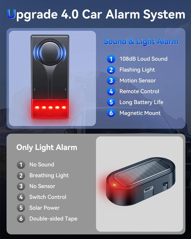 Alt view image 6 of 7 - 108dB Car Alarm System, Car Anti-Theft Vibration Sensor Alarm & Red Light, Wireless Remote Anti Theft Vehicle Device with Magnetic Install Design for RV, SUV, Truck