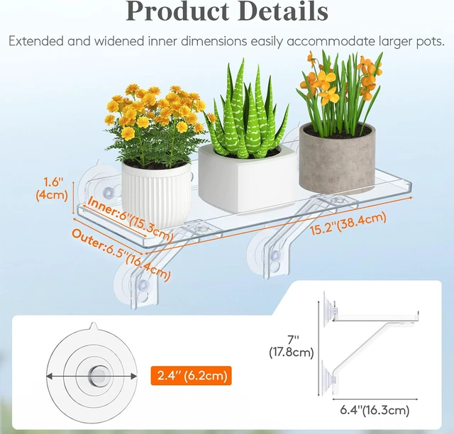 Alt view image 2 of 7 - 6" Extra Wide & Strong Window Plant Shelves with Suction Cup 4 Pack