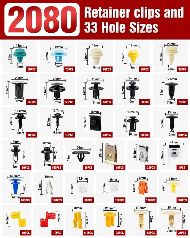 Alt view image 2 of 7 - 2080PCS Automotive Retainer Clips& Trim Removal Tools,33 Universal Sizes Push Type Rivets Fasteners,Door Panel Clips for Car Bumper, Fender,Door Panel and Interior Repair for Ford,Toyota,Chevy,Honda
