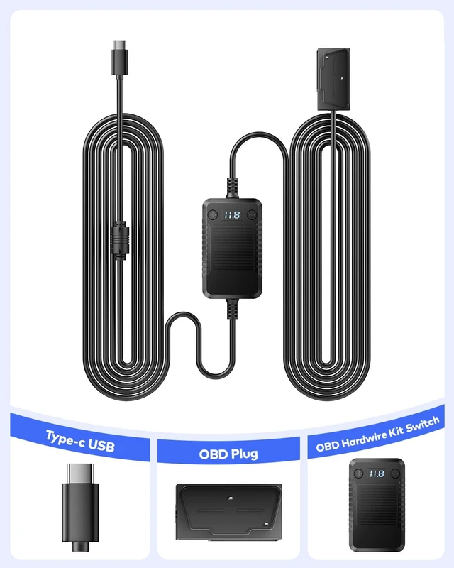 Alt view image 6 of 6 - 19.7Ft OBD Hardwire Kit with Voltage Indicator for Dash Camera, Type USB C Port, Compatible with Dash Cams