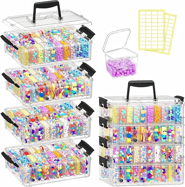 Alt view image 3 of 7 - Bead Organizer Box 120 Pcs, 4-Tier Large Capacity Stackable Bead Storage Containers, Portable Plastic Craft Organizers for Jewelry Making, Bracelets, DIY, Nail Art Charms