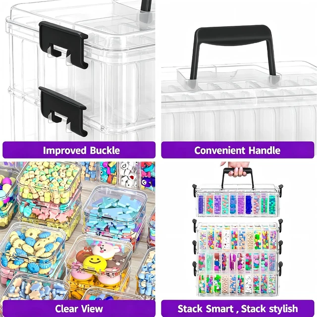 Alt view image 6 of 7 - Bead Organizer Box 120 Pcs, 4-Tier Large Capacity Stackable Bead Storage Containers, Portable Plastic Craft Organizers for Jewelry Making, Bracelets, DIY, Nail Art Charms