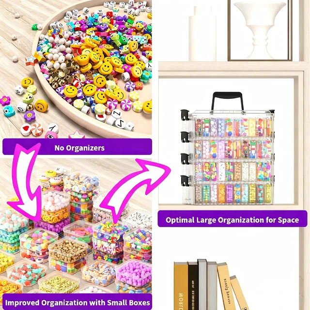 Alt view image 7 of 7 - Bead Organizer Box 120 Pcs, 4-Tier Large Capacity Stackable Bead Storage Containers, Portable Plastic Craft Organizers for Jewelry Making, Bracelets, DIY, Nail Art Charms