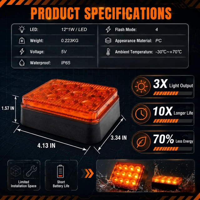 Alt view image 3 of 7 - 12-Led Amber Emergency Strobe Lights 2PCS