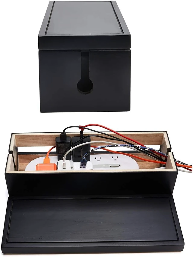 Alt view image 5 of 5 - Cable Management Box Wooden Cord Organizer Box for Extension Cord Power Stripe Surge Protector Wire Management Concealer Organizer Cover Hider for Desktop Home Office Kitchen (Black)