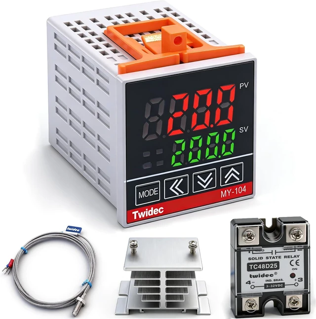 Main image of /MV100-B10 Digital Display PID Temperature Controllers Thermostat Regulator AC 85V - 265V MY-104+ K Sensor Thermocouple + Heat Sink and Solid State Relay SSR 25 DA