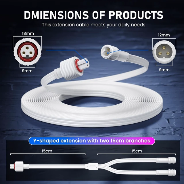 Alt view image 5 of 7 - Permanent Outdoor Lights Extension Cable with Y-Splitter,IP68 Waterproof Extension Cord,3 Pin Power Cord for Go-vee H705A H705B H705C H706A H706B H706C (2, White)